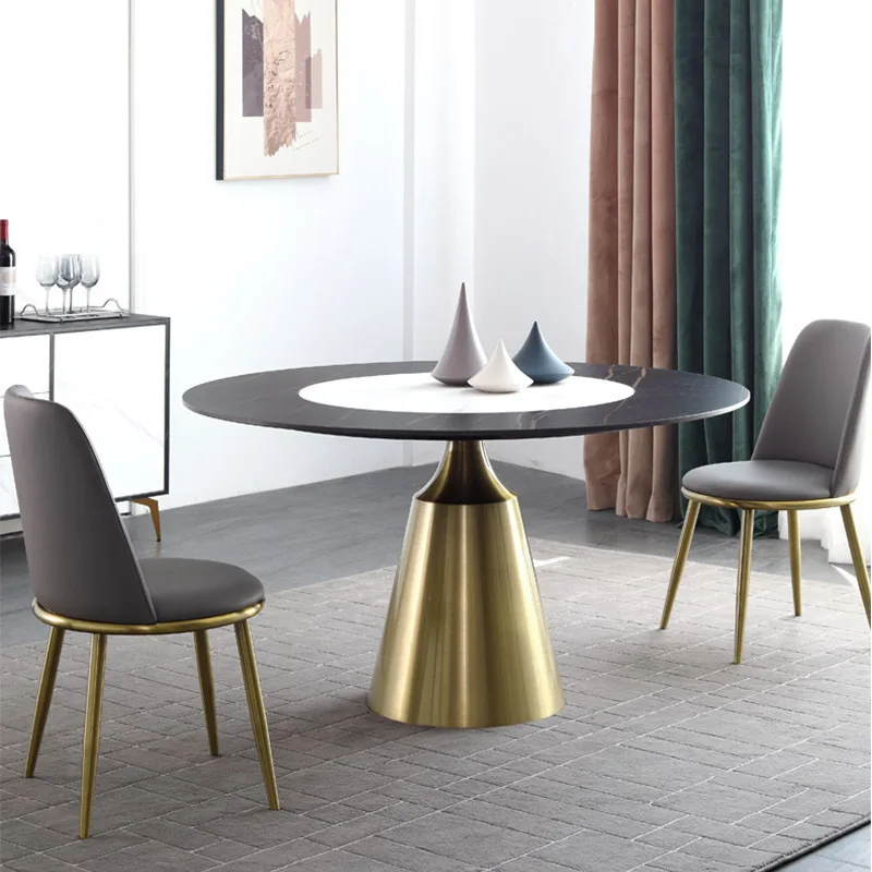 

Light luxury round dining table Italian designer simple turntable embedded rotating stainless steel slate household large round