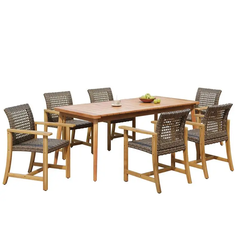 Conjunto de jantar de pátio de 7 peças com mesa de ripas de 72 polegadas e 6 cadeiras de madeira de acácia e vime PE para jantar de jardim ao ar livre