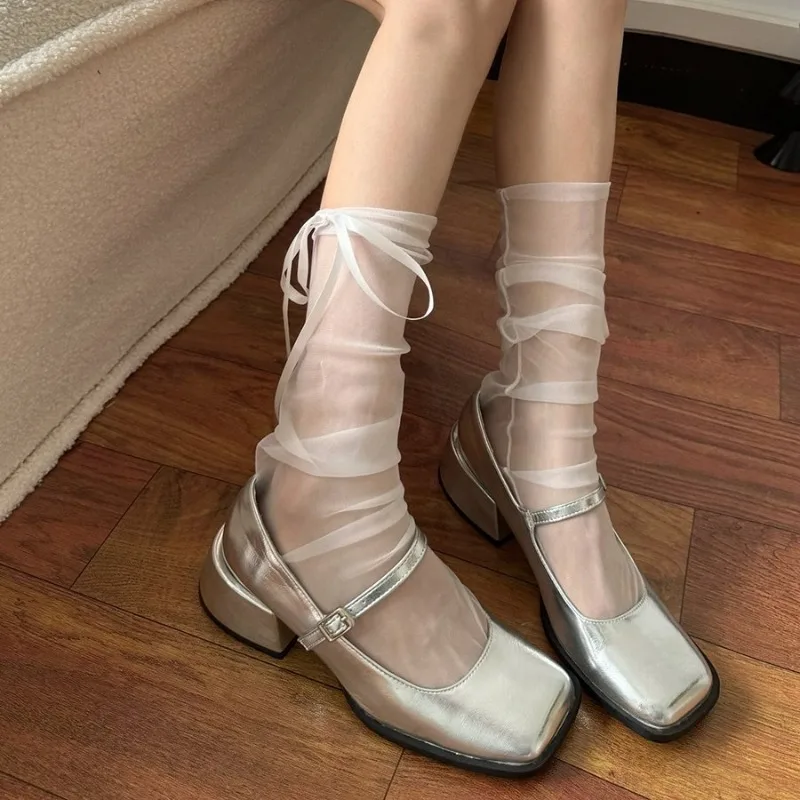 Balletcore ربطة القوس فيونكة شبكة صيد السمك الجوارب شير الدانتيل التراص الجوارب لفصل الصيف الحلو لوليتا نمط Legwear الكورية موضة جوارب بحزام #4