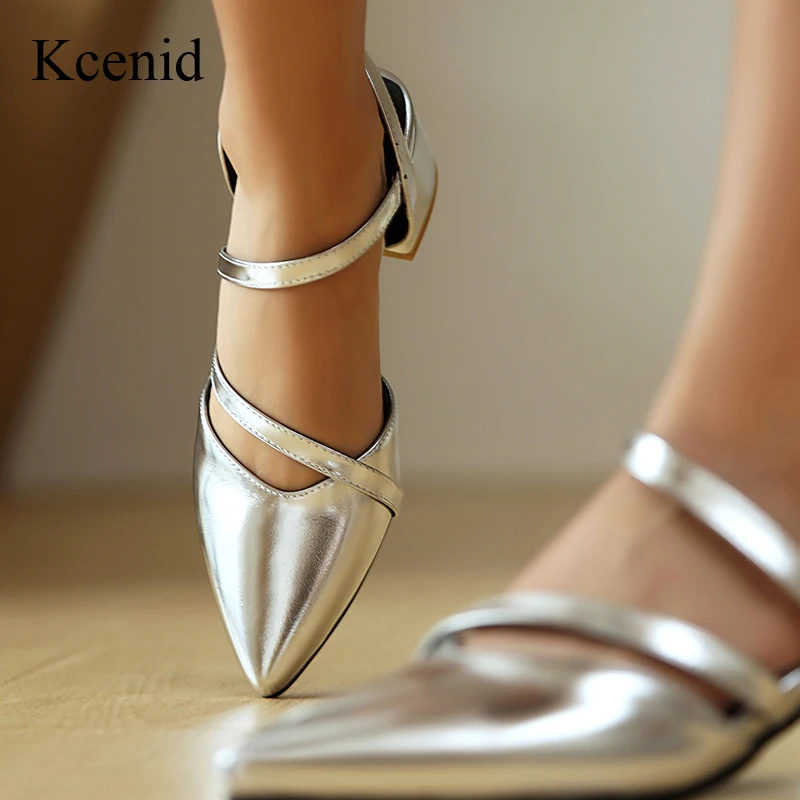 

Kcenid Summer Women`s Dress Shoes Woman Patent Leather Slip On Pointed Toe Sandals Elastic Band Slingbacks Mid Heels Pumps Women