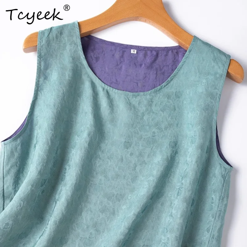 

Tcyeek Women's 100% Mulberry Silk Vest,Sleeveless Jacquard Double-Sided O-neck Solid Straight Vest 2025 New Style T55724JF