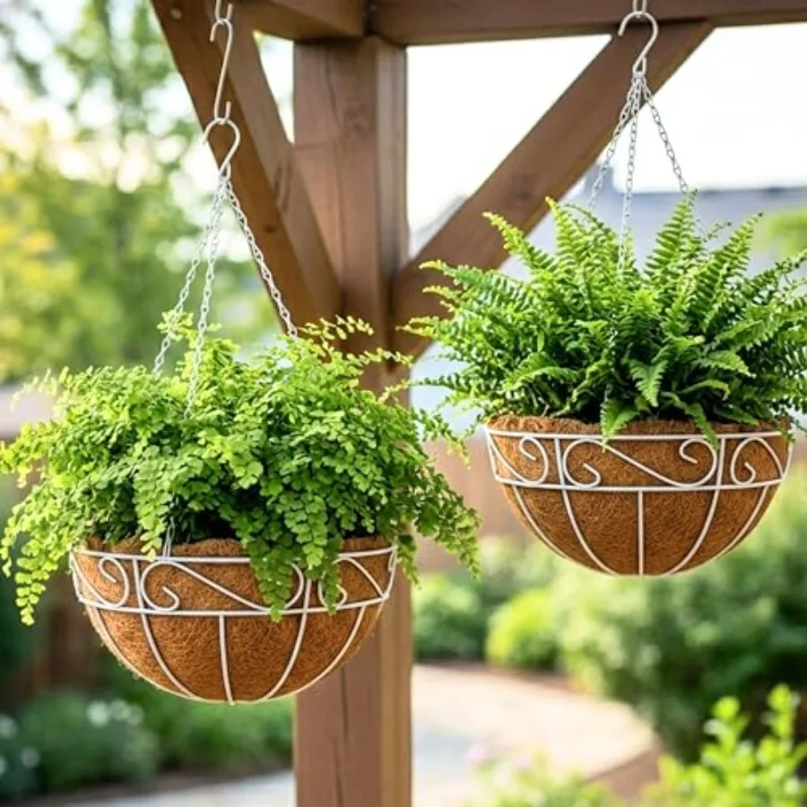

Outdoor hanging planter set for balcony and porch use white metal wire basket with coco liner 18-inch 4-pack farmhouse country