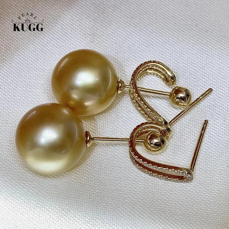 

KUGG PEARL 18k Yellow Gold Earrings 12-13mm Natural South Sea Gold Pearl Drop Earrings Luxury Diamond Jewelry for Women