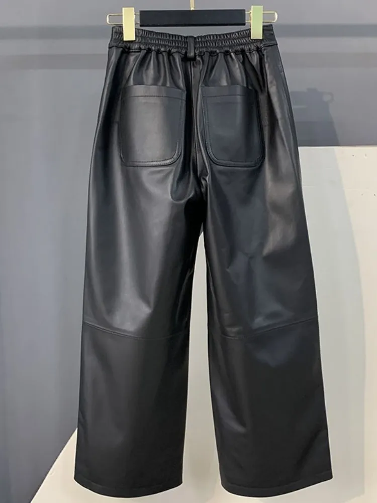 الترفيه نمط زر جلد الغنم السراويل المريحة بلون جلد طبيعي عالية الجودة السيدات جيب مستقيم الساق بنطلون #3