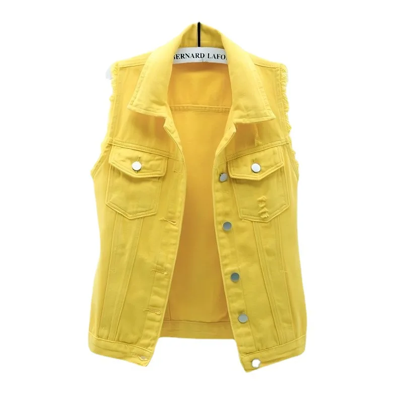 2024 Female Short Chic Spring/Summer All-Matching Slim Fit Slimming Burr Hole Denim Vest