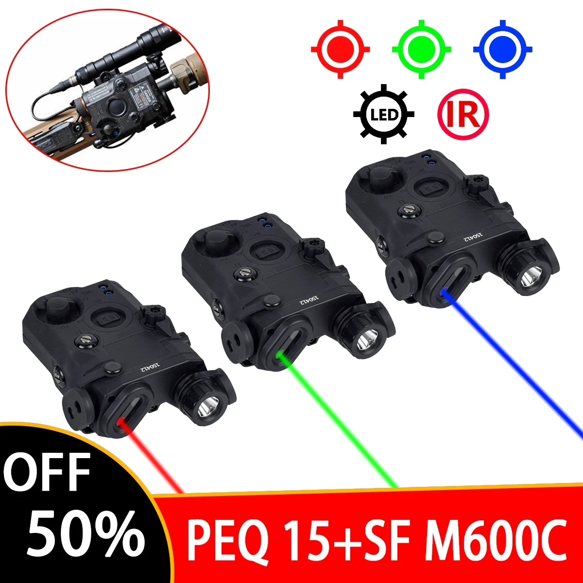 Tactical Airsoft PEQ 15 PEQ15 Red Green Blue Dot Laser Indicator IR Weapon Scout LED Light Fit 20MM Rail Hunting M600 Flashlight