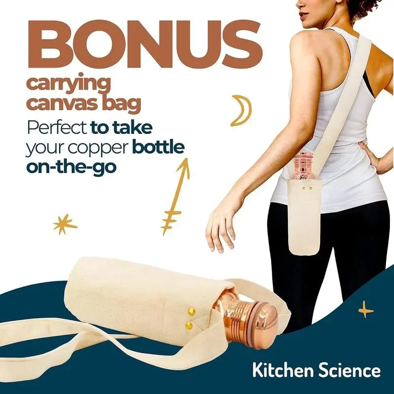 Kitchen Science Copper Water Bottle (32oz/950ml) w/a Carrying Canvas Bag | 100% Pure Copper Bottle for Drinking Water