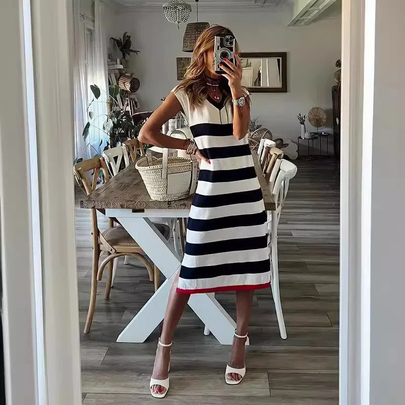 

Summer Striped V-neck Dress Women Hem Split Casual Loose Short Sleeve Holiday Dresses