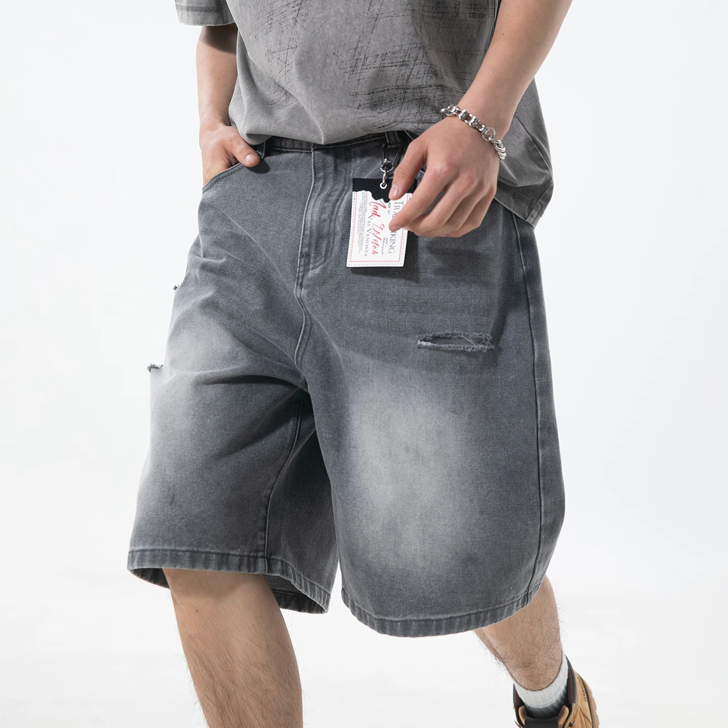 

Knife cut hole denim shorts men's summer retro classic straight loose gray shorts Korean version of trendy brand y2k high street