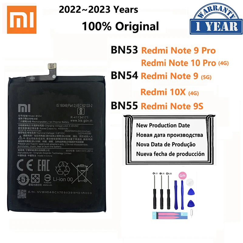 100% Original Xiao Mi BN53 BN54 BN55  Phone Battery For Xiaomi Redmi note 9 10 Pro 9S 10X 4G 5G Replacement Batteries Bateria