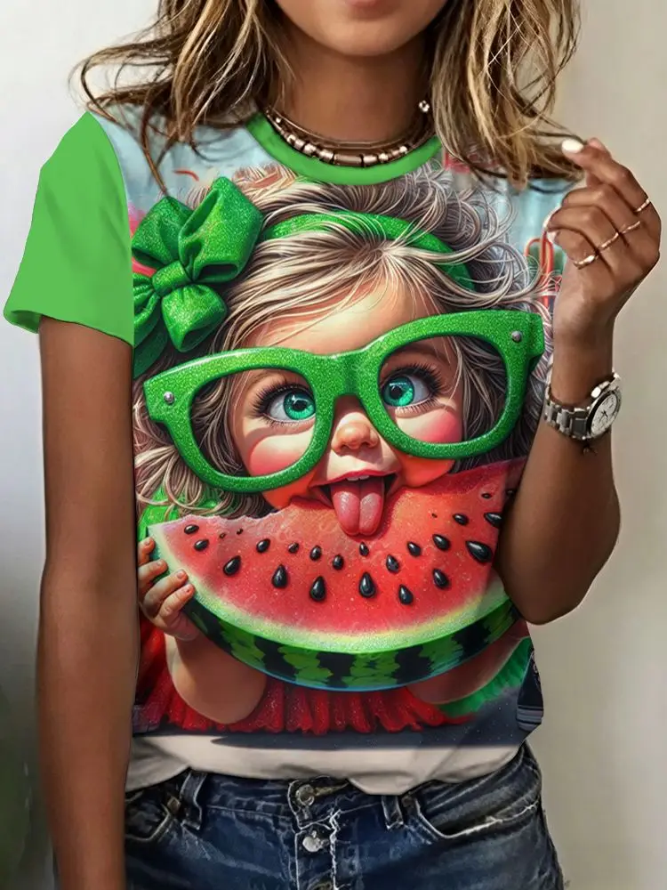 Summer Kawaii Cartoon Girl T-Shirts 3D Print Women Round Neck Short Sleeve T Shirt Harajuku Y2K Tops Casual Tees Female Clothing