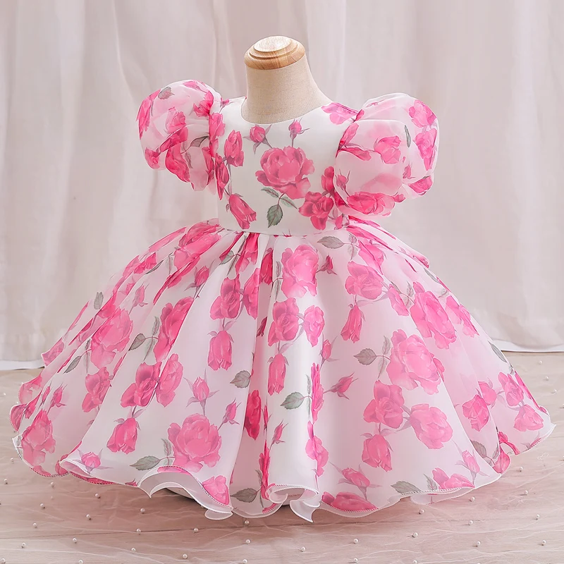 Toddlers flower handle mesh bubble sleeve short Princess dress back V-bow adorn sweet holiday Wind Seaside camping #M139