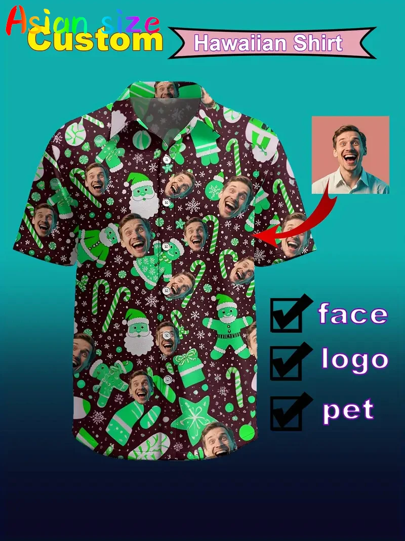 

Custom Face Hawaiian Shirt Unisex Funny Personalized 3D Printed Santa Claus Shirts 2025 Christmas Short Sleeve DIY Blouses Tops