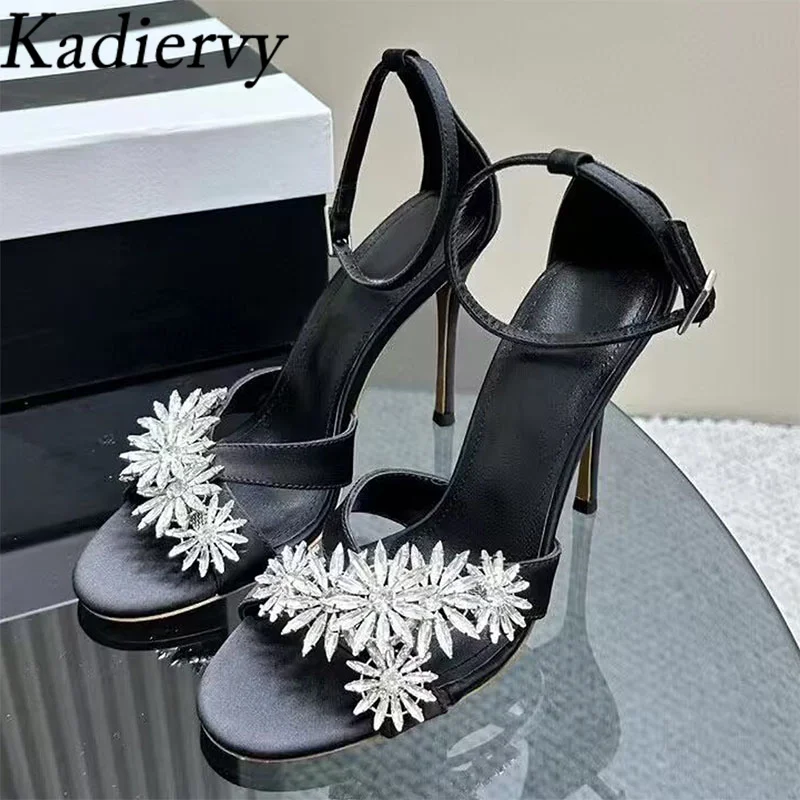 

Luxury Rhinestone Flower Sandals Women High Heels Party Shoes Women Ankle Buckle Strap Thin Heels Summer Sandals Woman