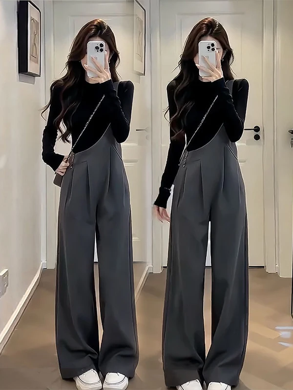 Slimming Effect Black Top And Wide Leg Pants Set Women's Fashionable Shoulder Strap Pants Two Piece Set Autumn New Arrival