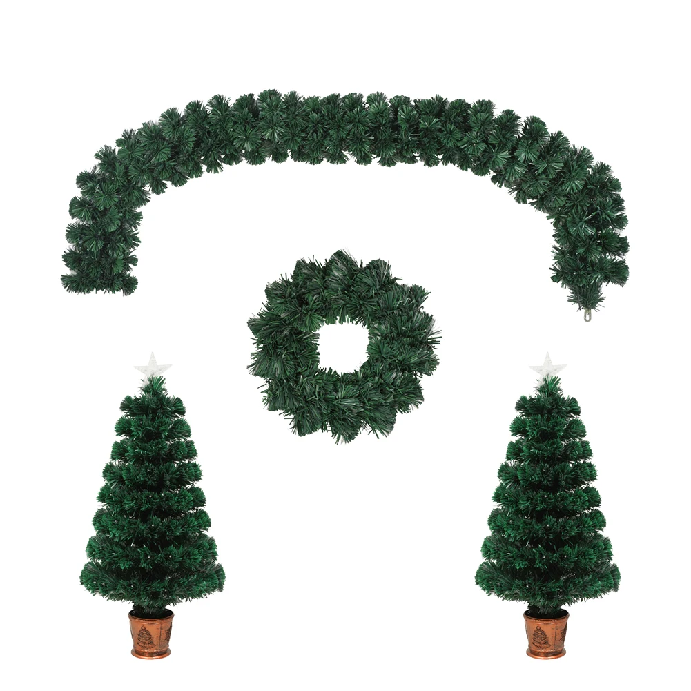 4Pcs Set  Pre Lit Christmas Door Wreath Garland 2 Entrance Trees With 155 LED Lights Artificial Festival Celebration Set