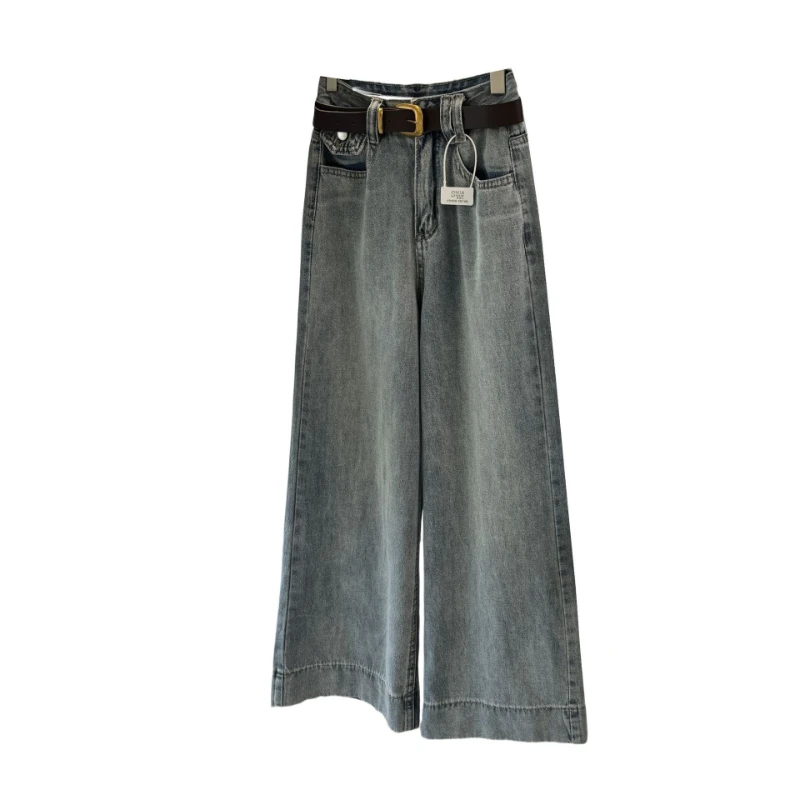 Denim Pant Women Jeans Vintage Wide Leg Pants Ankle Length High Waist Straight Trousers Y2k Streetwear Elegant Splice Work 2026