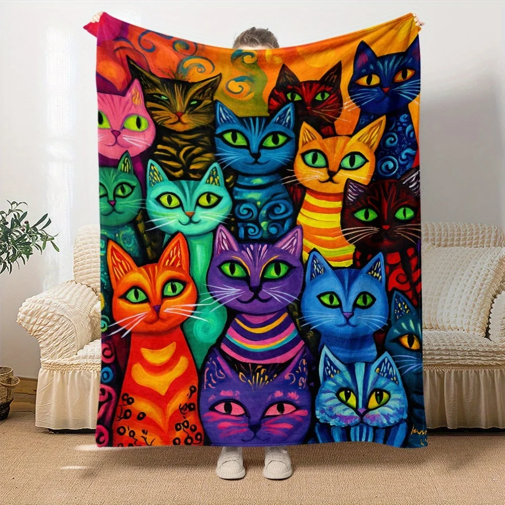 Colorful Cat-Themed Fleece Blanket - Soft, Lightweight, And Warm, Suitable for All Seasons - Perfect for Use on Beds, Sofas, Off