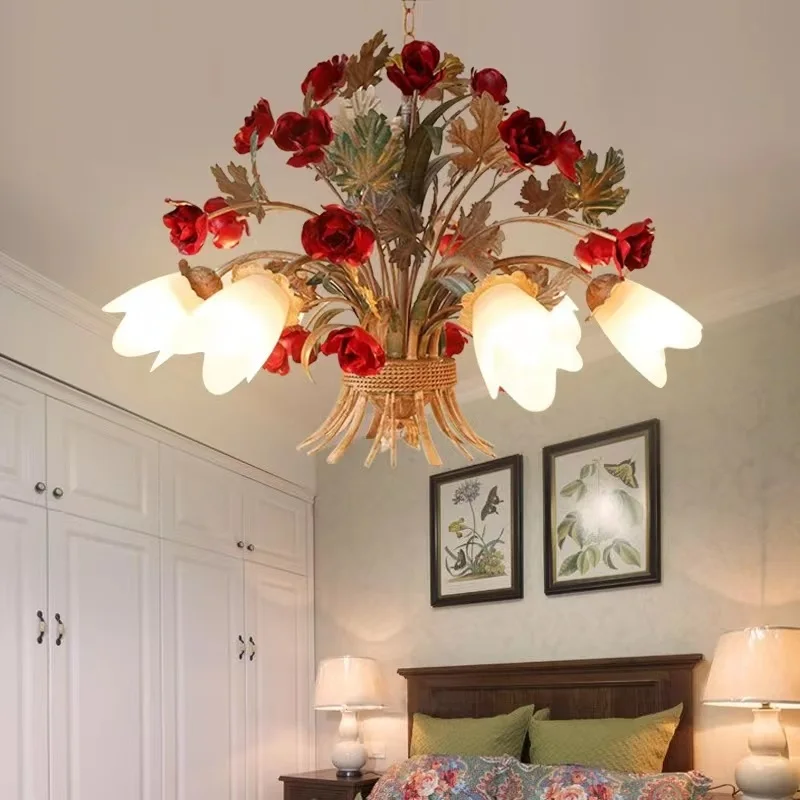American Retro Glass Korean Lantern Grass Chandeliers Living Room Lamp Dining Room Lights Pendant Iron Flower Room Decoration