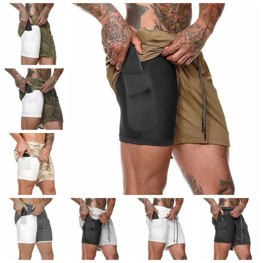 

Elastic Men Sport Shorts Breathable 2 In 1 Double Layer Fitness Shorts Quick Dry M L XL XXL Jogging Short Pants Summer