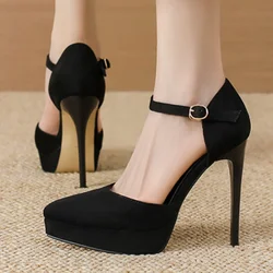 New Pointed Toe Platform Women Sandals Flock Buckle Strap Stripper Party Thin High Heel Shoes Sexy Female Pumps Zapatos De Mujer
