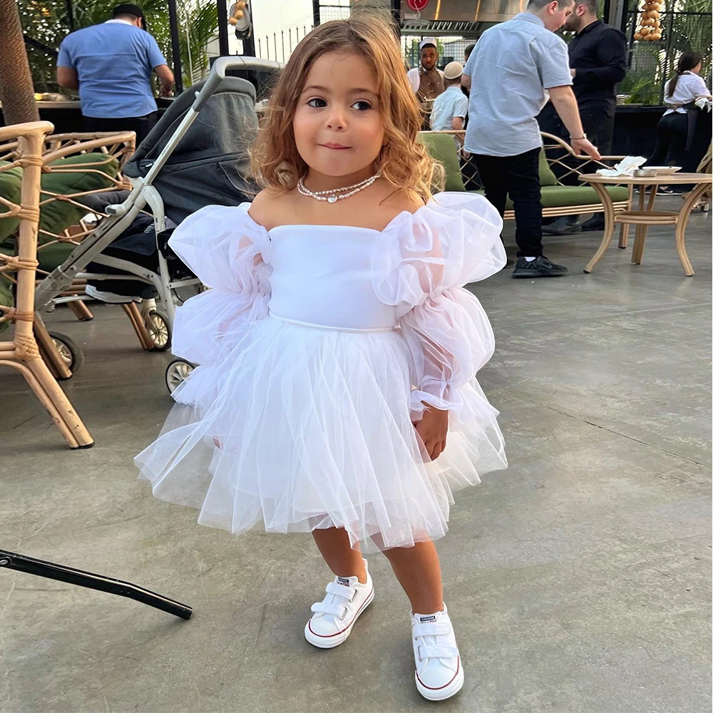 Flower Girl Dresses White Long Puff Sleeves Off the Shoulder Flower Girl Gowns Short Knee Length Lace Up Bow Child Birthday Gown