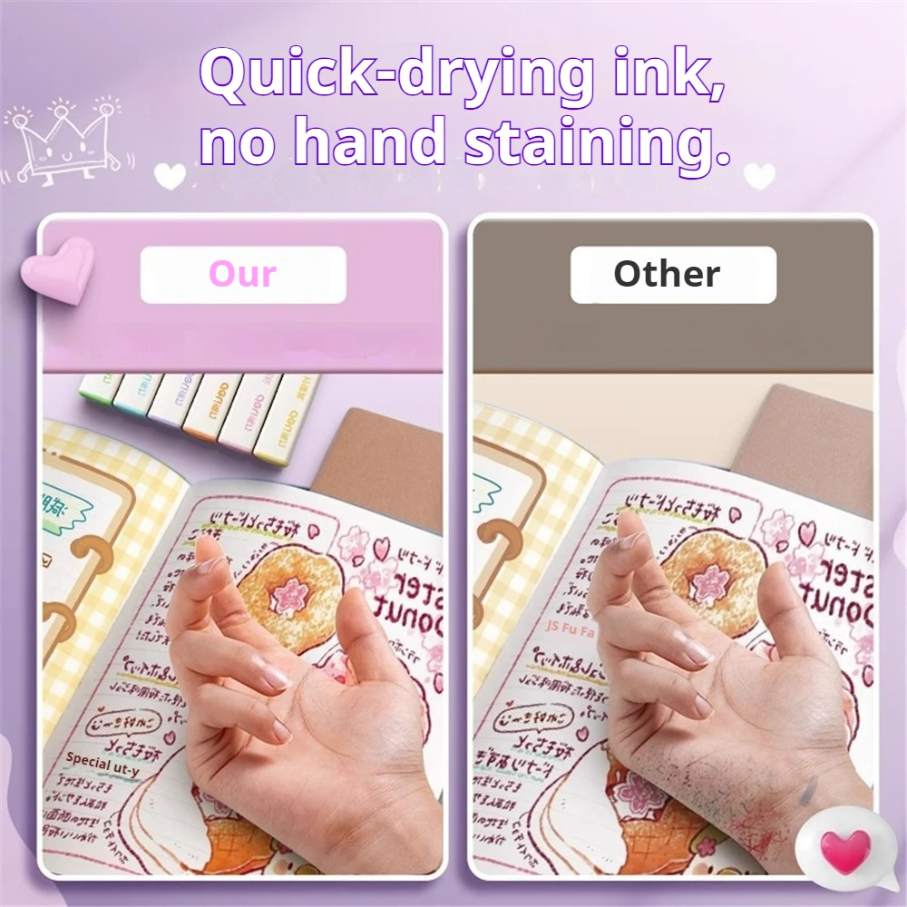 6-Color Quick-Dry Highlighter Set with 3 Free Stickers -  Kawaii Manga Markers Gel Set Stationery Journal School office Supplies