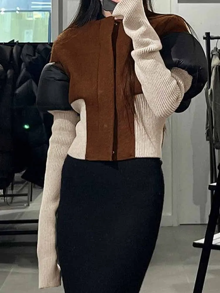 

MCDV Patchwork Zipper Jackets Women 2025 Fashion Long Sleeve Zipper Cinched Waist Contrast Short Coat Thick Warm Lady Outwears