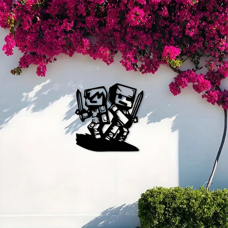 

1PC Pixel Two Sword Warriors Metal Wall Art Indoor Outdoor Game Room Living Room Man Cave Gamer Wall Decor