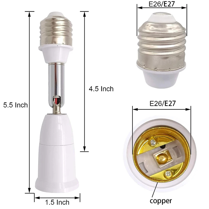 2-pak E26 do E26 przedłużacz gniazdo elektryczne 4.4 ”/14CM E26 E27 konwerter żarówki średniej podstawy Max 60W 360 stopni