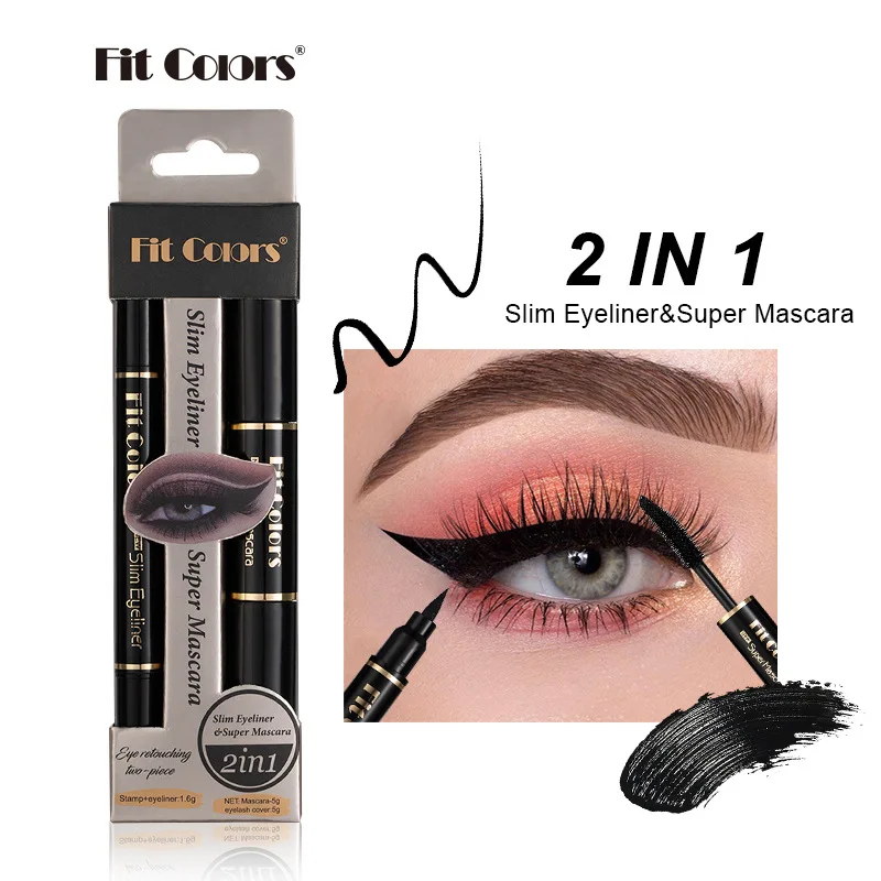 Fit Colors Mascara de doble punta + delineador de ojos con sello, conjunto combinado, delineador de pestañas voluminizador, rizado, resistente al agua y sin manchas