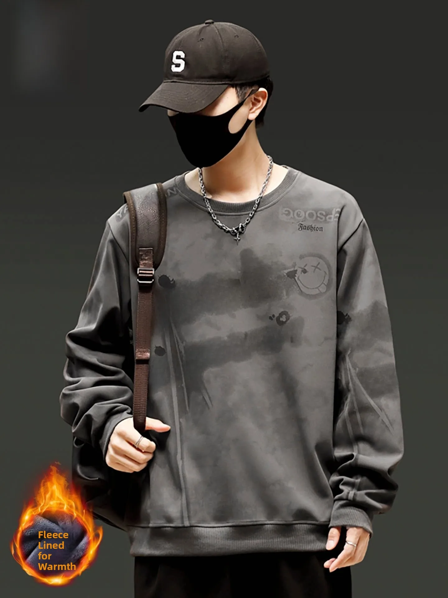 Nainiu Large Size Fleece Lined Sweatshirt Men's Loose Fit round Neck Printed Casual Versatile Base Layer Shirt Autumn Winter