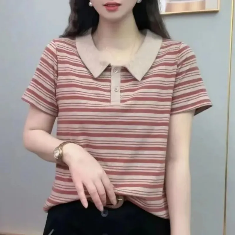 Women Striped Peter Pan Collar Short Sleeve Cotton Casual T-Shirt