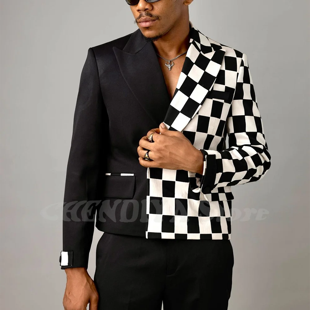 

Белый и черный клетчатый костюм для мужчин, уникальный контрастный острый лацкан, комплект из двух предметов, приталенный, высококачественный, деловой, повседневный, пиджак