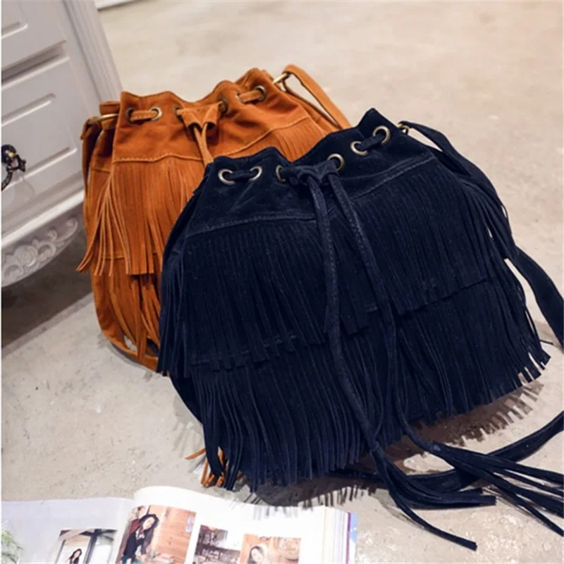 Retro Faux Suede Fringe Women Messenger Bags Tote New Handbag Tassel Shoulder Handbags Crossbody Bag Bucket