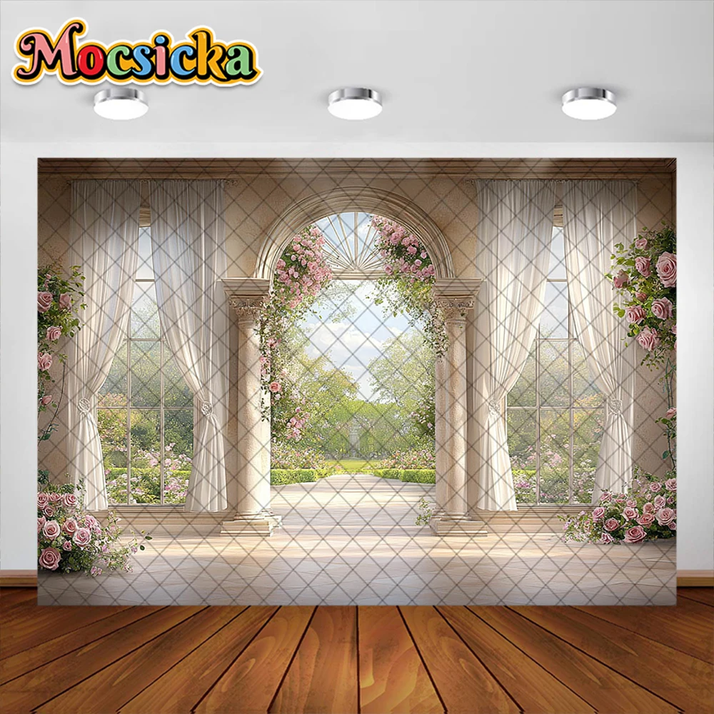 Spring Photography Background Colorful Flowers Palace Arch Window Decoration Adult Female Portrait Photo Backrops Studio Props