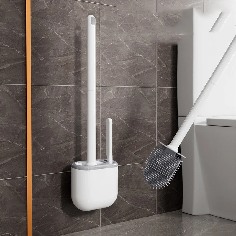 Wall-Mounted Silicone Toilet Brush With Holder Punch-Free Dual-Head Bathroom Cleaning Brush Long Handle Soft Bristle WC Cleaner