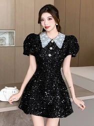 New Summer Princess Luxury Studded Drill High Waist Slim Black Dress for Women Shinny Sequin Puff Sleeve Mini Dress