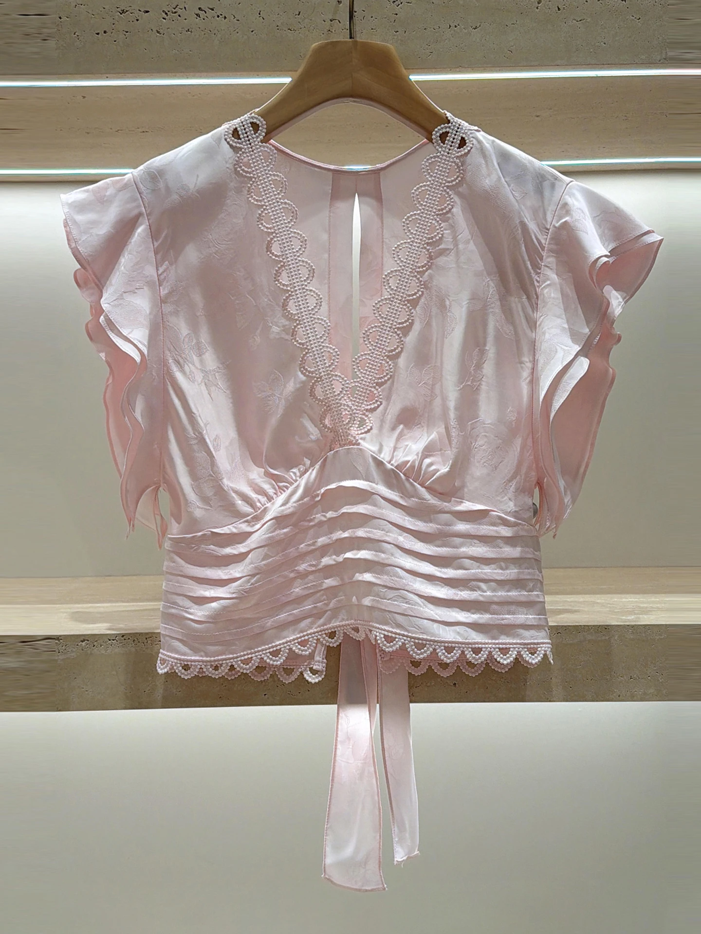 

Elegant V-neck Embroidered Shirt Short Sleeve Women's Top Summer Fashion Commute Style Frou Frou Sleeve Floral Print Blouse