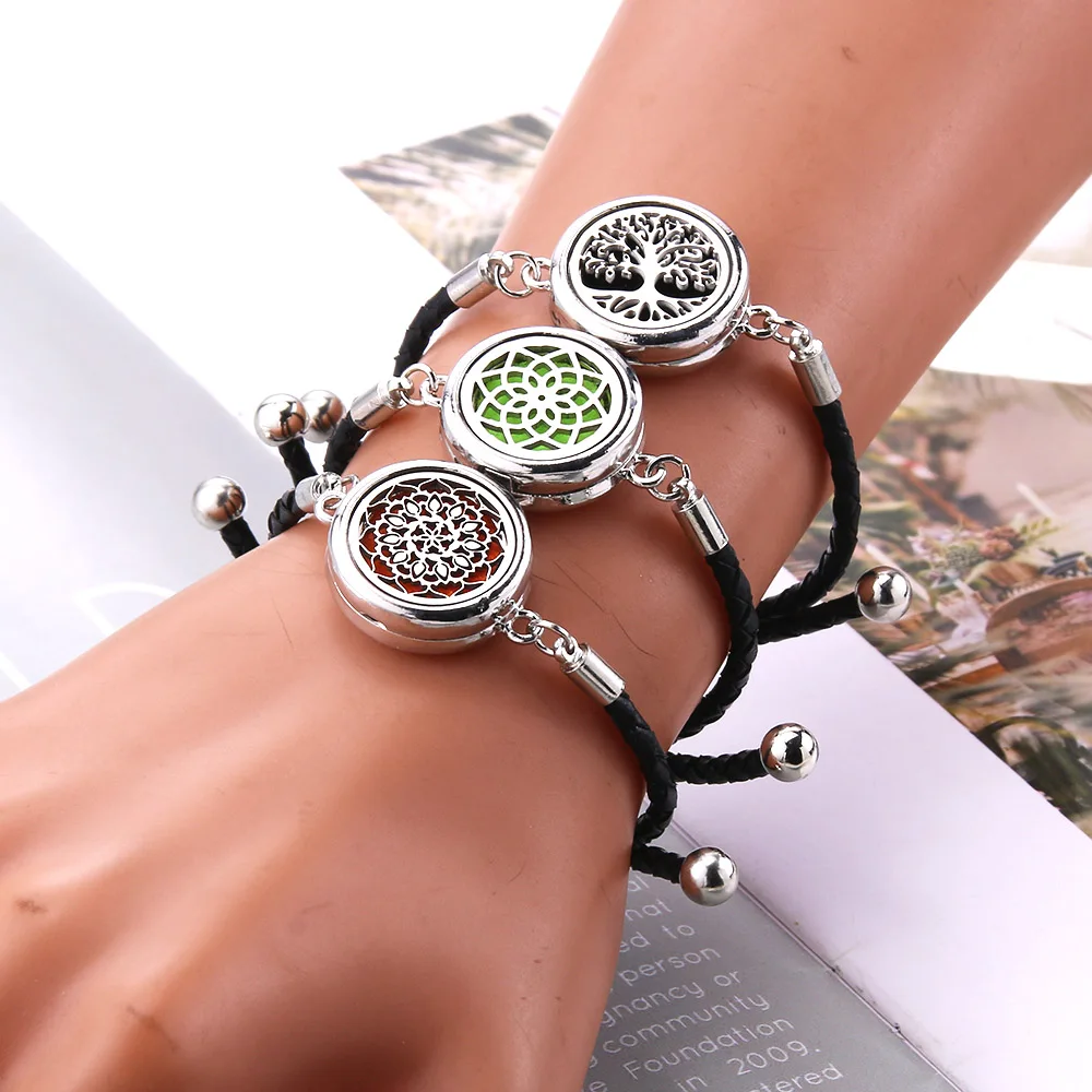 Perfume Essential Oil Diffuser Leather Bracelet Aromatherapy Locket Bracelet Stainless Steel Locket Black Leather Bracelet Gift