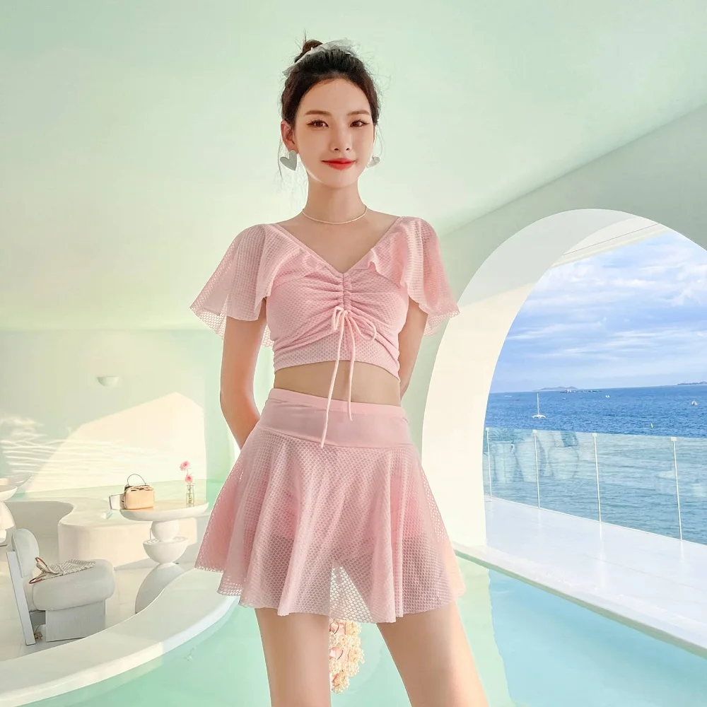 2023 Korea Style Women Swimsuit Fairy Two-pieces Cover Belly Slim Conservative Swimsuit Skirt Hot Spring Swimwear Beachwear