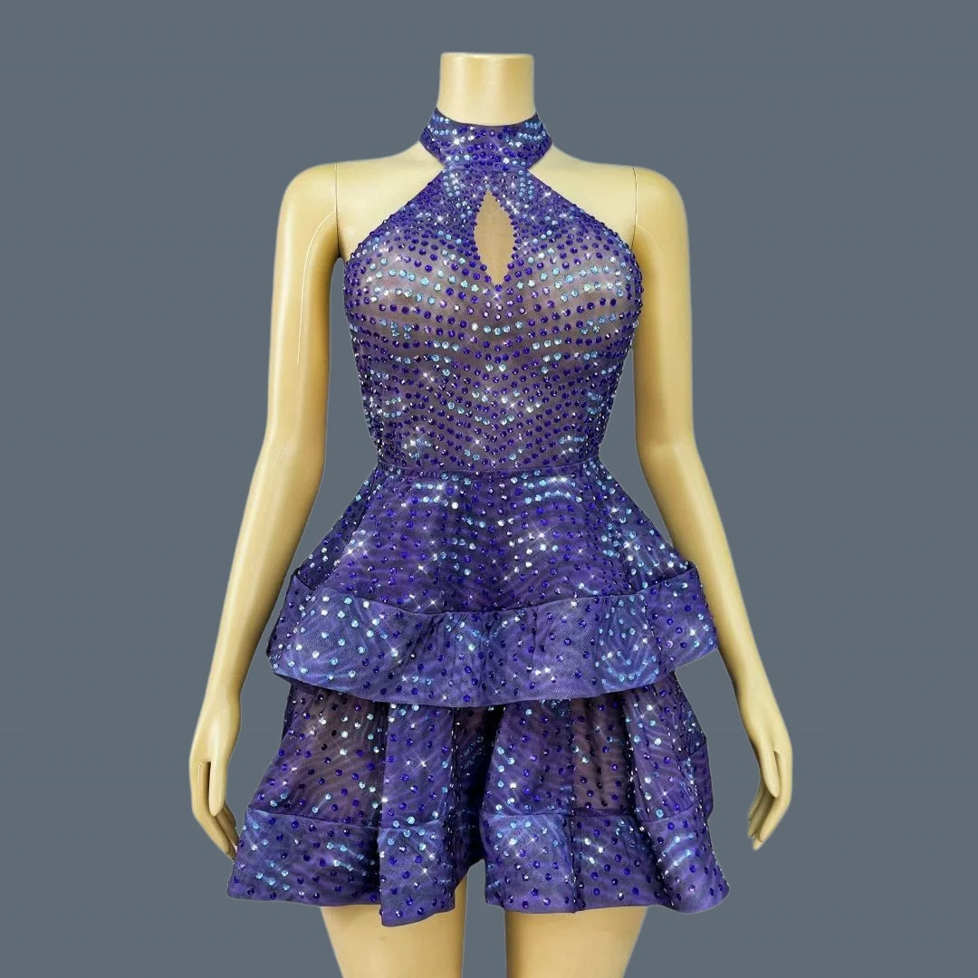 

Женское сексуальное эластичное фиолетовое платье-торт, праздничный костюм на день рождения, блестящее вечернее платье с пайетками для ночного клуба, наряд для выступлений певицы на сцене Zibowen