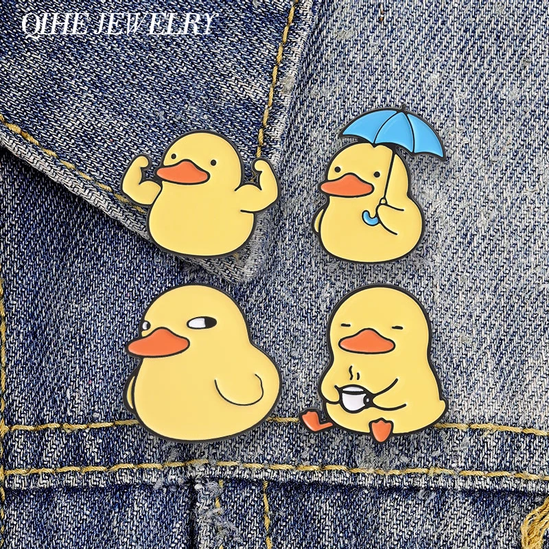 Cute Duck Side Eye Expression Enamel Pin Playful Emo Duck Holding Umbrella Muscle Poses Duck Brooch Lapel Bag Badge Jewelry Gift