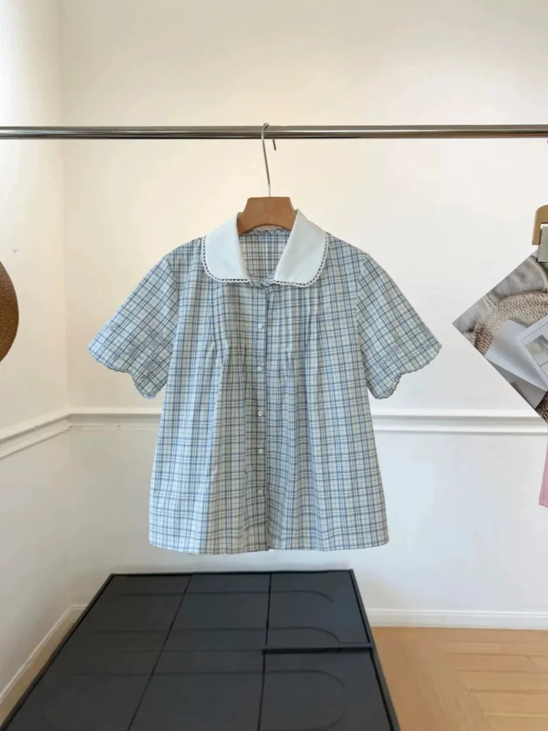 Dave&Di Summer New Women's Clothing College Style Embroidered Cotton Plaid Top Woman Clothes Shirts