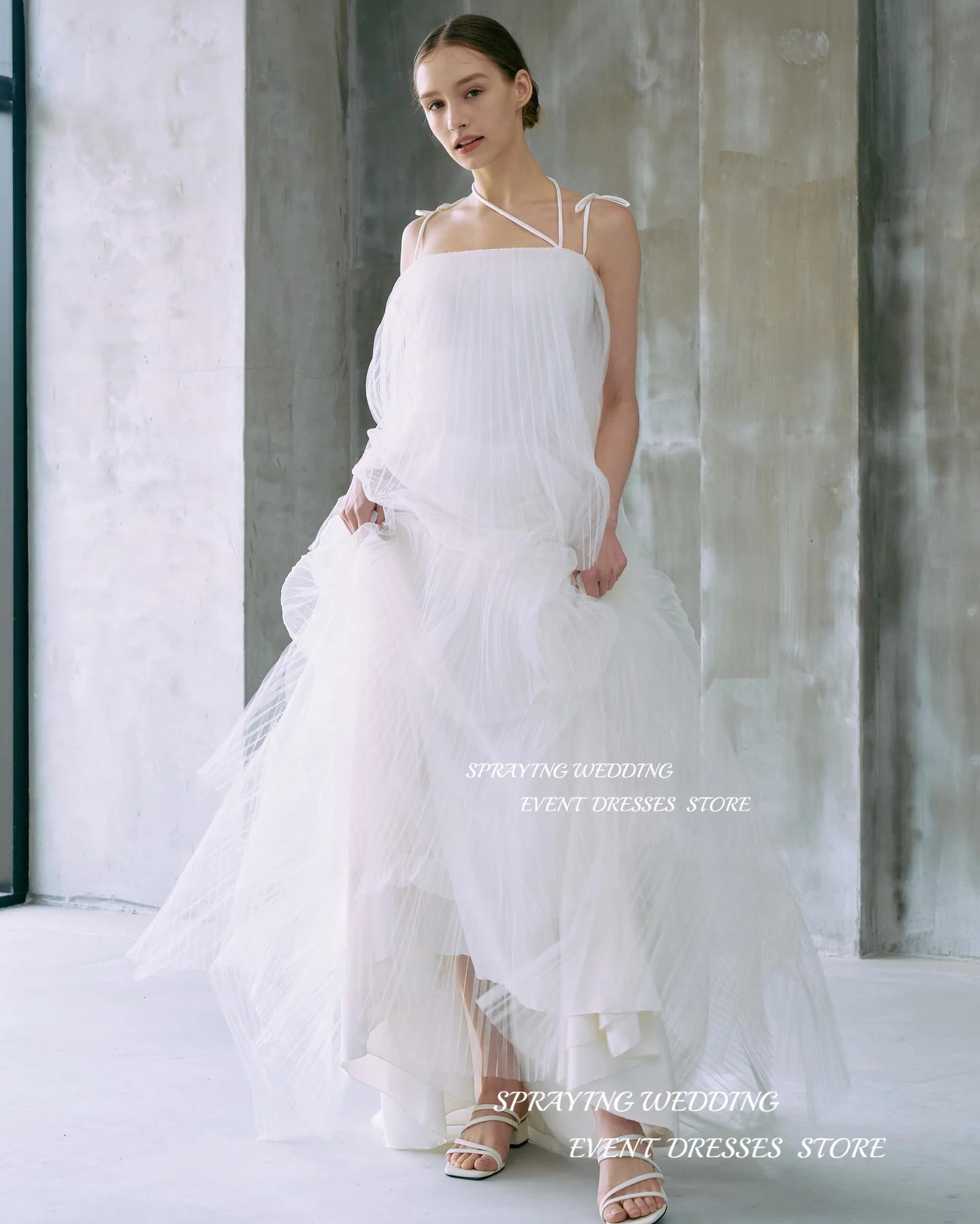 SPRAYING Fairy White Wedding Dress Photo Shoot Multi-layered Vestidos Novias Boda Spaghetti Strap Evening Gown Dress