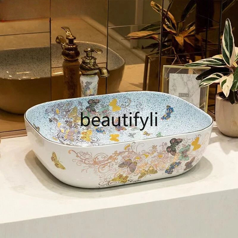 Art ceramic table basin European butterfly fluttering bathroom outdoor washbasin balcony