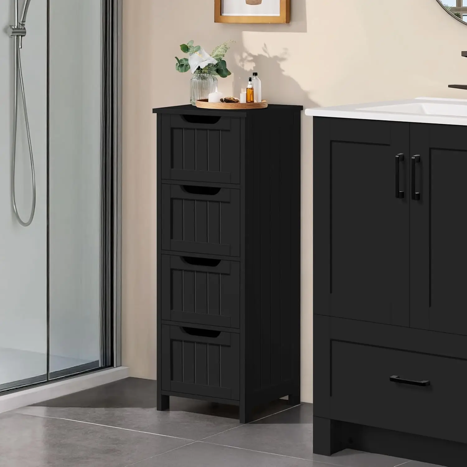 

Bathroom loor Cabinet, Wooden Side Storage Organizer, 4 Ders ree-Standing Cabinet or Bathroom/Hallway/Living Room, Black