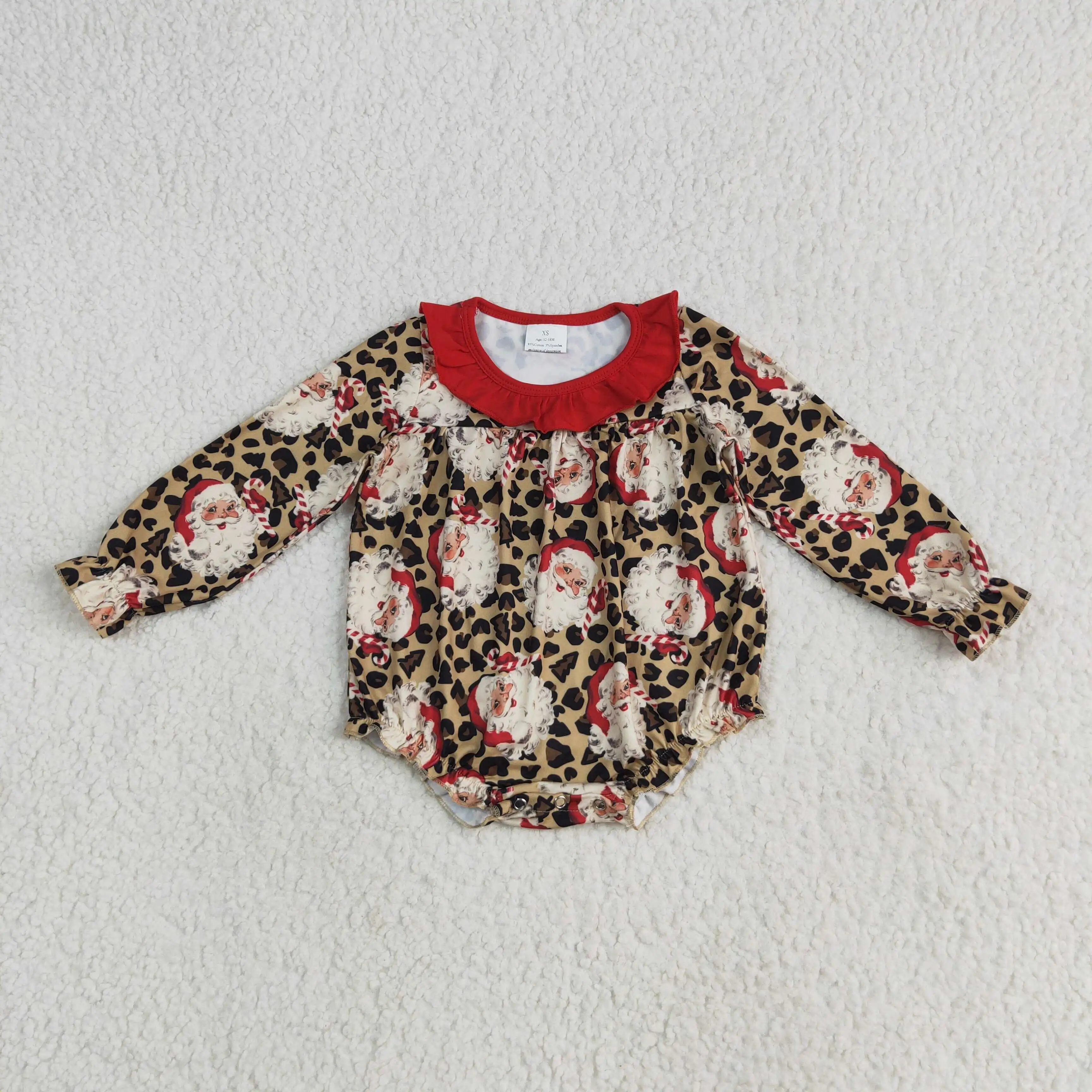 

Little Baby Christmas Santa Leopard Print Western Long Sleeve Romper Summer Baby Girl Boutique Clothes Kids Jumpsuit