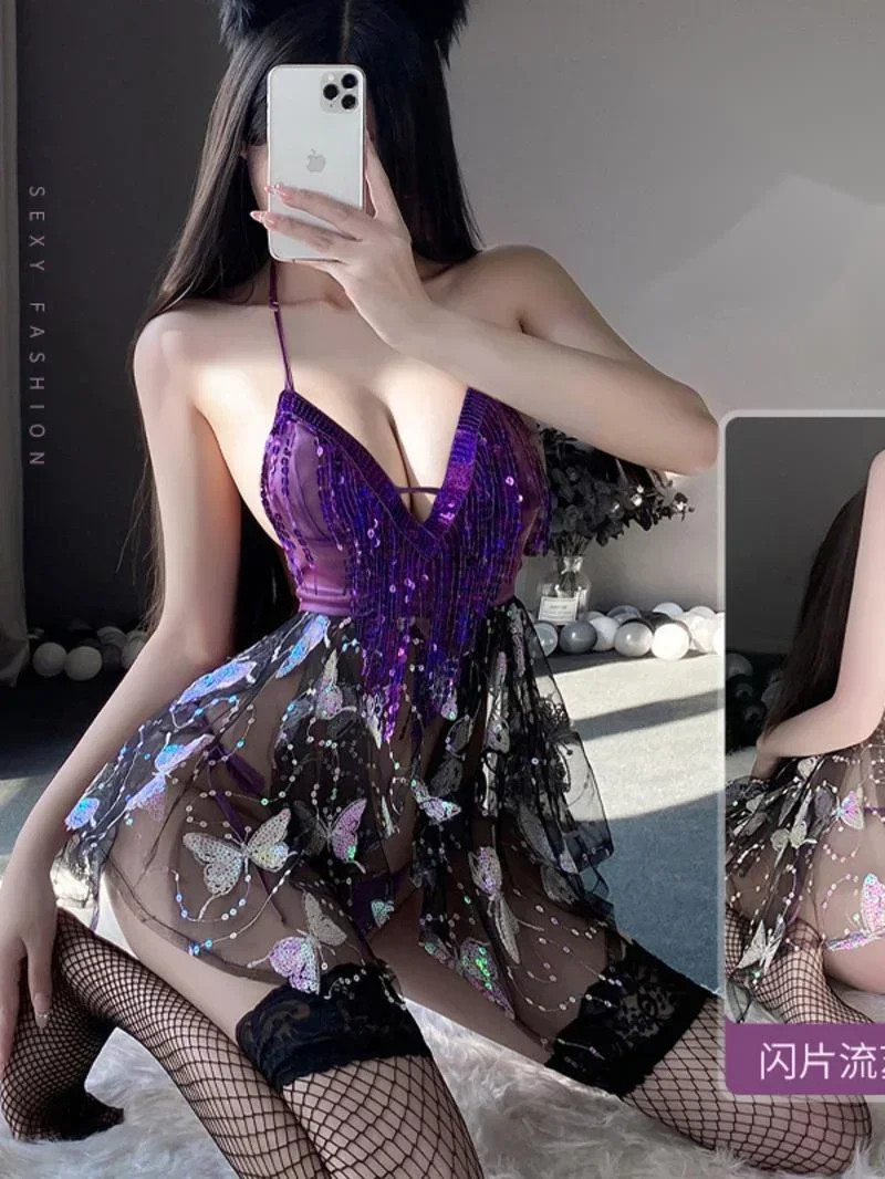 Purple Fairy Sister Dress Mesh Lace Transparent Tops Sexy Girl Butterfly Sequin Dress Elegant Butterfly Fairy Role Play