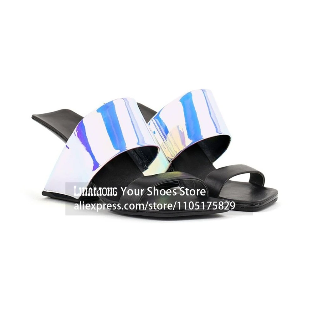Holographic Iridescent Sculptural Heel Mules Mirror Sculpted Heel Black Strap Slippers Open Square Toe Summer Slippers for Women